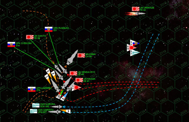 The Kama lunges for the Russians, hoping to cross their T with a devastating broadside.  Myshaga sees the move and veers to port, then cutting hard to starboard.  His destroyers CPK (Svyatoy Russki Korabl, Holy Russian Ship) Syekyra and Rusalka execute the maneuver perfectly, cutting their starboard broadsides behind the huge heavy cruiser Kama.  Myshaga’s flagship CPK Admiral Lazarev  moves to follow suit (with no forward shields, he knows his ship is about to be crippled, but resolves to take the larger IJN Kama with him), but has to veer further behind the Kama to avoid a collision with the oncoming strike frigate IJN Sakita.  The light cruiser IJN Sendai Byo cuts in behind the Russian destroyers, escorted by the veteran destroyer IJN Kikasa, only to have the destroyer Corinth and blockade runner Aurora cut in behind THEM ... only to have the Japanese bombers launch a torpedo spread behind THEM.  One way or another, this “skirmish” is about to become a knife fight of gruesome proportions.