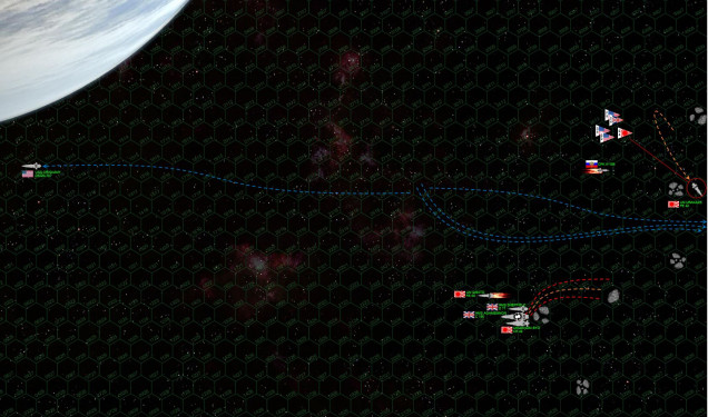 The Oriskany makes flank speed and races out of the battle area, using the planet’s gravity to assist her speed.  She’s lost forward shields, even a single hit from a Ki-45 torpedo could end the ship forever.  The rest of the fleet breaks off as well, after Spencer makes the grueling and difficult decision against an all-or-nothing gunnery and torpedo strike against the Agamemnon’s injured starboard quarter (they can’t hit her stern directly because her captain Lord Edward Cavendish) has screened his engines with proto-lunar debris directly astern).  There’s a despairing attempt by the Marine fighters to “shoot down” IJN Urakaze, but their commander doesn’t realize that Urakaze has no forward shields and so attacks the stern.  No appreciable damage is done.  The Americans have LOST this battle, with two seemingly small but critical errors that largely threw away their edge in expertise and upgraded ships … instead making this a slugging match of weight against weight, a contest they could never win.  For their part, the British and Japanese fought a cautious, reserved, and measured battle, using angles, distance, patience, and asteroid debris to negate American advantages in maneuverability.  