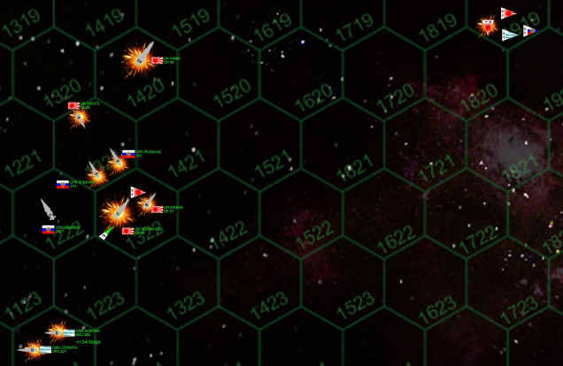 Okay, to get a better view on what’s actually happening here, I have blown up the hexes through which all these ships are all moving, and in what directions, at the crucial moment.  Please remember these hexes are 180 kilometers across, a turn is one minute of time, and one hex of movement is thus 3 kilometers per second.  The ships themselves are still massively oversized, usually 1 or 1.5 kilometers long at most. SO ... what happens here?  First, the Japanese spread of Ki-45 “Toryu” (Dragon Slayer) torpedoes almost all are shot down.  But three hit the unshielded bow of the Lazarev.  And these are “Class V” Ki-45s, some of the deadliest torpedoes in Known Space.  All three hit internal compartments (all the forward armor is already gone) ... but amazingly, the Lazarev’s bridge remains unstruck ... and the ship retains power.  Casualties are heavy, however, and Myshaga is compelled to break off the action ... once he’s released his own withering broadside into the stern of the Kama.  At this range ... Russian plasma projectors are just damned terrifying.  The stern of the 150,000 ton Kama is simply melted off.  Even as the Lazarev reels away, half her crew now killed, wounded, fighting fires, or trying to shore up bulkheads against chain-reaction decompressions, the forward guns of the Syekyra fire into the onrushing strike frigate Sakita (her aft guns firing into the Sendai Byo).  The Satika is crippled by the Syekyra’s 40-kg plasma projectors, herself crippled an instant later when the Kama fires back with her huge aft batteries of 18-teravolt EPCs (electron particle cannons).  As the Syekyra is left spiraling out of control through space, the Rusalka’s forward guns fire into the Kama, finally inflicting enough damage to cripple the massive Japanese ship.  Rusalka’s aft guns fire into the Sendai, even as the Sendai and the escorting Kikasa fires its forward guns into the Rusalka and cripples her as well.  Russian P-500 “Plamya” (Flame) Class III torpedoes strike into the hull of the Sendai Byo ... 17 were shot down but 9 hit the shields, three into the hull.  Sendai’s portside engine is blown completely apart, opening her up to a hail of laser and syglex fire from the Corinth.  Just that fast, the Sendai goes dark as well.  The rest of the Corinth’s guns, together with the Aurora, fire into the Kikasa.  The Kikasa hits the Aurora through the bridge, even as the Corinth (badly damaged) finally crippled Kikasa as well.  Finally, the torpedoes fired from the Japanese bombers slam into the stern of the Corinth, which is likewise crippled.  Sixty seconds, eight ships.  Welcome to the Third Hercules War.   