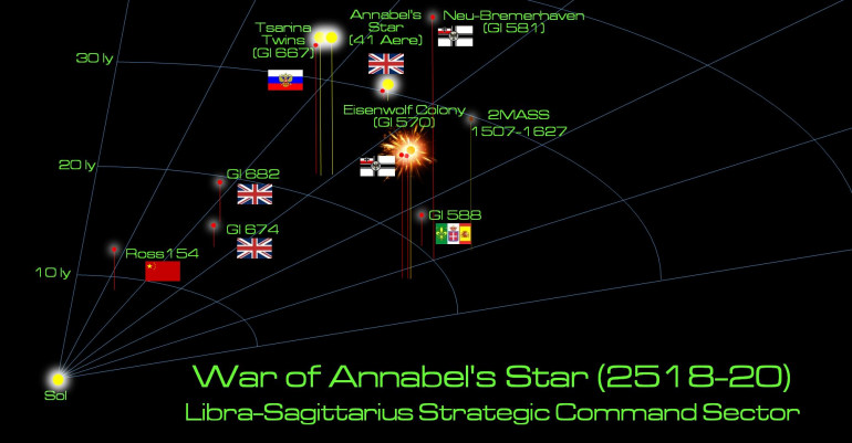 The last several months of Duchess Annabel’s War haven’t been good to the Prussians.  Although their Japanese allies have been racking up an impressive string of victories, the Prussians have already had two battleships crippled here (the Scharnhorst class pocket battleship KMS Von Der Tann and the Tirpitz class battleship KMS Admiral Scheer).  The Japanese have opened separate negotiations with the British, Panasian League, and Russians, looking to “cash in their winnings” and call this war a win.  This would of course leave the Prussians, New Romans, and “Black Dragons” of the Khitan-Tunguska Free State in very bad way.  Obviously aware of the Japanese overtures, the British decide that a decisive moment is at hand.  They will strike the Prussians now, hard, at their key colony in the Libra-Sagittarius sector, right when their fleet is weakened and their allies are deserting them.  A hard enough blow at the heart of Eisenwolf Colony (Gliese 570) could compel the Prussians to offer favorable terms at the peace table.