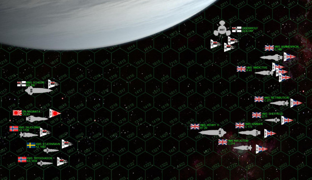 The matchup.  For this assault, the British assign two cruiser task forces (Task Force “Kraken” and Task Force “Agamemnon”) to escort the Royal Sovereign class battleship HMS Henry V under the flag of Rear Admiral Sir Lord Perceval Ian Pinderglove.  The target is the Eisenwolf Colony itself, a massive orbital facility bristling with 15-teravolt EPCs and 14-gigawatt rail guns, 35mm mass driver point-defense guns, sixteen Focke-Wulf 909 aerospace bombers thirty-two Messerschmidt SJ-363 fighters.  Prussian warships are also in the area, including light cruisers, and destroyers of the “Shieldmaiden” kruezergeschwader (cruiser squadron), actually made up of crews drawn from Norway and Sweden.  There’s also a Japanese heavy cruiser, the famously-decorated IJN Naginata, originally posted here to Eisenwolf just to assure the Prussians that they aren’t alone in this war quite yet.  But one thing British intelligence didn’t pick up on was the latest status of the Tirpitz class battleship KMS Admiral Scheer.  Indeed, she’s been brought back into service, and it looks like we’re going to have a battleship showdown on our hands.