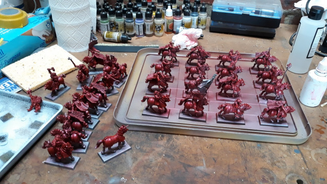 A few blocks of Knights prepped with this technique and multiple coats of Vallejo Game Ink Red