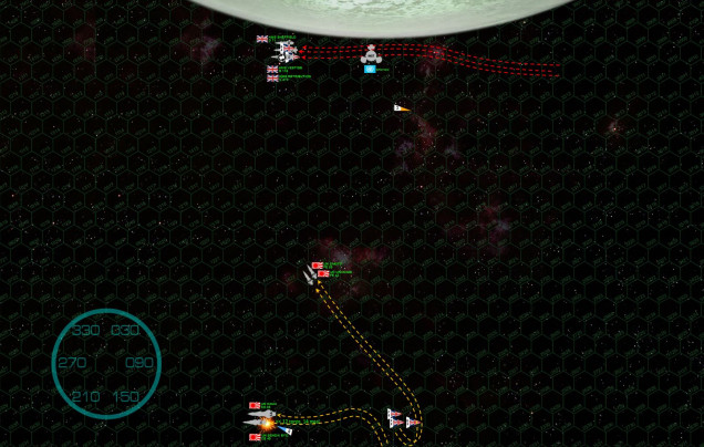 On Turn 5, both sides are finally in position for what they hope will be a game winning strike.  For the Japanese, this is a gunnery broadside, still at long range … but with the Sendai Byo’s pin-point targeting and the now at Kama’s horrific firepower, it will be enough.  The British Relentless-class light cruiser HMS Retribution has also been heavily mauled through the previous turns, and her port bow armor is badly charred.  Damon executed a roll so the Retribution would present a starboard bow to the Japanese, but now the starboard bow shields just went down.  Fighting the moon’s gravity and with maneuvering thruster damage, the Retribution didn’t have the power to roll back over again, and with an unshielded starboard bow offered up as a target, the Japanese just can’t resist.  Kama and Sendai Byo jackknife turn and power up to hit this vulnerable area, but doing so turns their sterns temptingly to the incoming British aerospace strike.  NOW BOTH PLAYERS have played an extremely cautious, measured, and reserved game.  Now comes the time when both sides throw down.  As it happens, the British aerospace strike is just very unlucky, and the Sendai Byo, although badly damaged, survives.  The same cannot be said for the HMS Retribution, which is hammered by the Kama’s huge EPCs, one bolt going straight against the bridge.  