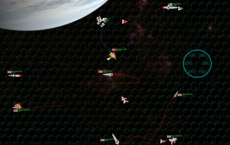 The Retribution tries to limp away, but by now has lost two complete engines and three maneuvering thrusters … she literally can do little more than drift.  She’s also lost her aft shields entirely, so the Skjoldmo turns away from the station long enough to put a 8-gw rail gun broadside into her fantail and cripple the Retribution for good.  Of course this dooms  the Skjoldmo as well, after a blistering broadside from Kraken and the Henry V … while the Vindictive starts recovering her bombers and fighters to rearm them for a second aerospace strike.  While none of this bodes well for the Prussians, it does mean that no one is firing at the station, which now opens fire at short range into the heavy cruiser Kraken.  Previously undamaged, the mighty Iron Duke-class cruiser is ripped wide open by the station’s enormous batteries, losing some mass drivers and her starboard bow shields.  The Prussians seem determined to go down fighting.