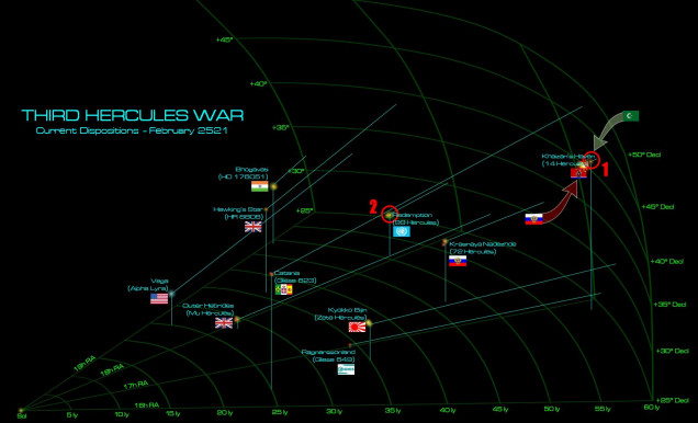 The current disposition of the Third Hercules War.  At upper right, we see where the Black Dragons are OUT of the war, vacating their holdings at 14 Hercules (Khaizan’s Haven).  The system is up from grabs, and the Holy Russian Empire wants to snatch and hold it ... at least long enough for their American and Indian Republic allies to arrive.  But a new faction has been waiting for their moment to jump into this conflict and win a new colony closer to home ... the Arab League.