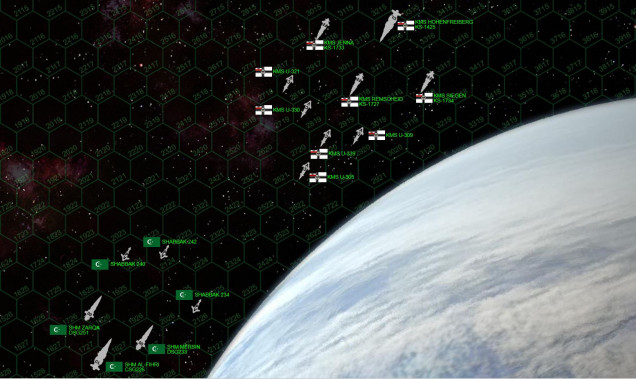 Here is the  matchup.  This is only a 195-point battle because everyone is “new” (no XP-upgraded ships or crews) and so many of the ships here are so small.  This is typical in the Third Band, since larger heavy cruisers and especially battleships (to say nothing of the logistics ships required to support any formation larger than the leanest of battlegroups) take at least three months to get this deep into Known Space.  Note the Arab League “Shabbak-201” class gunboats.  At just 5300 tons and a crew of 20, they are most analogous to ships like the YT-1300 “Millennium Falcon” (as appears at the Battle of Endor / Ep VI ROTJ) or Firefly class “Serenity.”