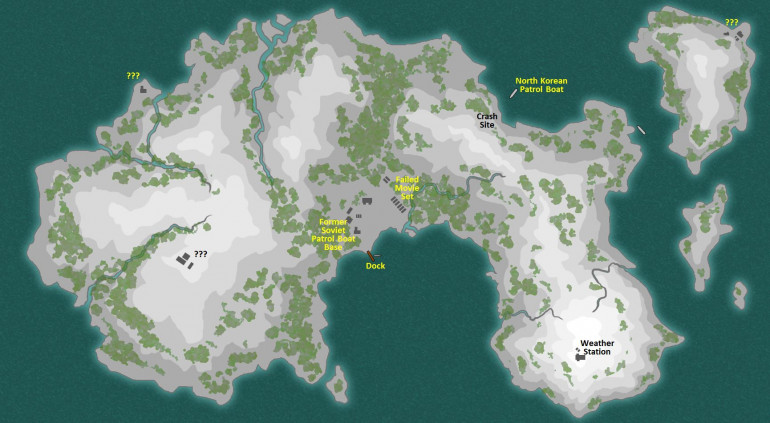 An overview of the Kimura Shima Islands.  X-Team 619 approached in a heavy storm with high seas, suffering damage to their boat that stranded them on this island until they could effect repair and find more fuel.  None of these labels were in pace, the group had to search the island and investigate what was actually happening here. 