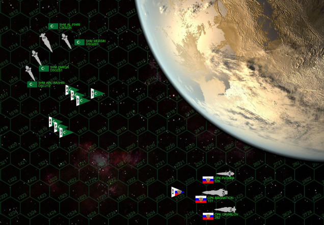 There is the matchup.  The battle is 214 points.  The Russian battlegroup is fairly straightforward, a gun-heavy cruiser group built around the Slava class heavy Cruiser Bagration, the Kutusov class light cruiser Gavrilov, and the Sovnya class destroyer Pushka.  The Arab League’s battlegroup is, well ... unusual.  But this is an unusual faction.  The flagship is the Almanzor class hybrid cruiser Al Fihri, part light cruiser, part light fleet carrier.  There are two Basra class destroyers (Zarqa and Mersin) and the Khalifa class light carrier Abu Bashir.  Clearly, the Russians have a huge advantage is size, gunnery, and torpedoes, while the League will have to rely on speed, maneuverability, and above all ... their aerospace strike group.