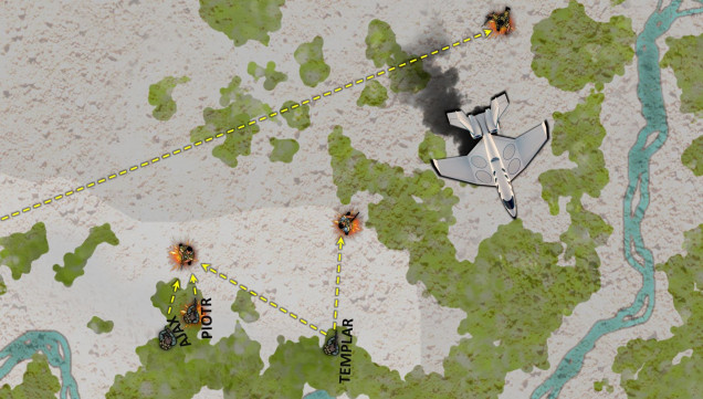 The firefight really heats up in the center. Ajax and Piotr have a great deal of trouble with that North Korean to the left.  In fact, Piotr is badly hit.  It's up to Templar to finish him off, along with another trooper to the north.  Sniper cover from Sirius comes in from the southwest.