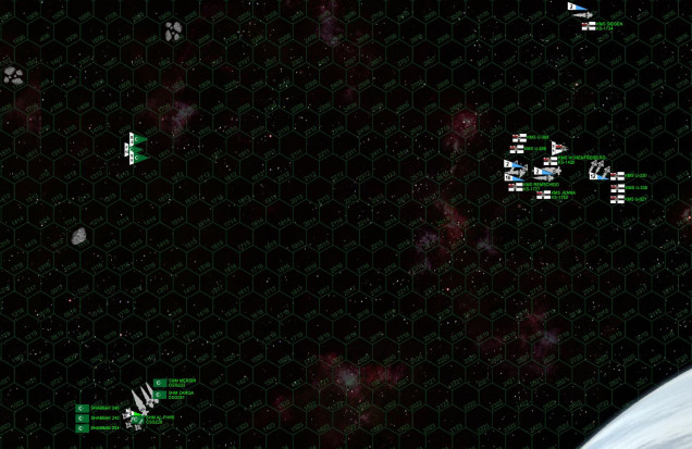 Both battlegroups make their approach, the Prussians approaching from 030 (upper right) and the Arab League from 210 (lower left).  The Arab flagship Al-Fihri launches 14 fighters and 4 bombers, a “hybrid” light cruiser that carries a slightly smaller gunnery battery in exchange for a moderate aerospace strike group.  The Prussians, for their part, launch “Sternjäger” (Star Hunter) gravitic torpedoes … LOTS of torpedoes.  Those Type XII U-boats don’t play around when it comes to these deadly warheads.  