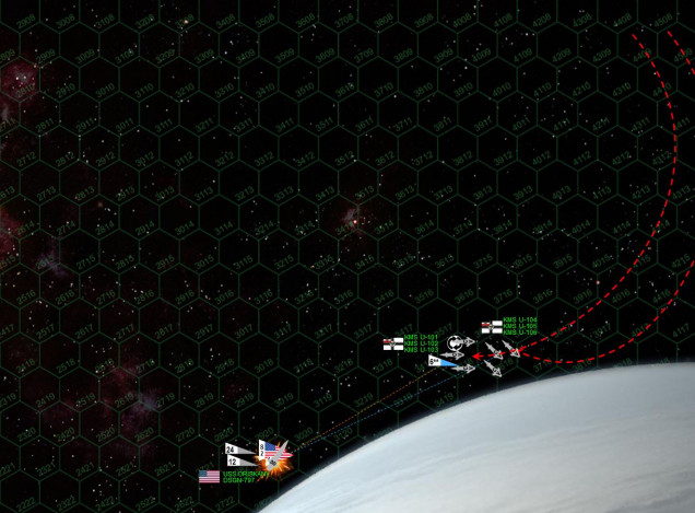 Oriskany wins initiative again.   The U-boats go for the moon’s atmosphere, pointing bow tubes in all directions and trying to use the moon’s mass to screen their sterns.  Oriskany also decels again to five (15 kps) and dives toward moon, pulling out to use the moon’s curvature to screen from lasers of back U-boats (blue line of fire cannot shoot hrough Hexes 3021 and 3220) and also screening her stern from incoming torpedoes (Hex 2822).  She has also carefully placed herself at range 6 to make most of her gunnery impact upgrade. None of it helps.  The Oriskany rolls 5 (+3, for CiC plus x2 EW bonuses) on mass drivers, scouts shoot down one more. That only accounts for nine torpedoes out of 36, so she’s hit by 27, five of which get through her double-upgraded shields and electronic warfare suites.  Five Class IV torpedoes hit on her port quarter, all but blowing the back third of the ship clean off the hull.  First playtest is an epic fail, the Oriskany is crippled without crippling (or even seriously damaging) a single U-boat.