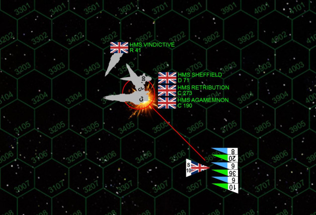 First, the British ships.  Admittedly, this Russo-American strike is not all it should be, note there is no aerospace missiles or torpedoes in this mix, they are still too far away.  Nevertheless, the sheer numbers of the Russian torpedoes (green) are a terrible threat.  The British mass driver defenses opt to shoot for the more accurate American torpedoes, but due to electronic warfare upgrades on the Oriskany and Valley Forge, they are more difficult to hit and it takes pretty much the entire British task force to shoot them all down.  Fair enough, but now almost all the Russian torpedoes sail in unopposed.  They are inaccurate and the British have upgraded shielding, but what can I say, the Russians have upgraded dice.  :D  Rasmus has 61 torpedoes hitting on a 10% chance, and gets a lot more than 6.1 hits on the stern on the Agamemnon.