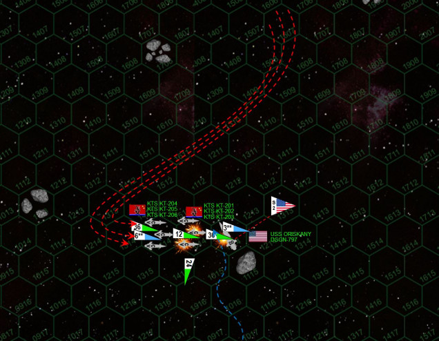 The Oriskany rushes the corvettes, but the Black Dragons anticipate the move.  Although the Oriskany is able to use the asteroid in Hex 1115 to screen her stern, the corvette wolf pack rushes her port bow, clearly hoping to target her bridge and forward magazines.  No less than 36 P-500 “Plamya” (Flame) warheads make their attack.  Seven are shot down by Oriskany’s point-defense guns, one more by a scout.  But the Oriskany’s gravitic shielding has been massively upgraded, as has her electronic warfare suites (in game terms she has an 8 shielding vs. torpedoes).  Only two P-500s actually hit the ship, knocking out part of Oriskany’s sensor suite and maneuvering thrusters.  Plasma guns (10kg caliber) open fire as well, doing even more damage than the torpedoes at this close range.  The Oriskany has now lost her portside torpedo tubes.  The Black Dragons, meanwhile, shoot down all of Oriskany’s torpedoes.  Looks like she’ll have to do this the old fashioned way!  A port broadside of 6-MgKv lasers and 5-GW rail guns cripples the KT-202 and KT-203, while KT-201 has her fo’c’sle all but torn off, losing both port and starboard torpedo tunes, her plasma “deck gun”, and forward maneuvering thrusters.  