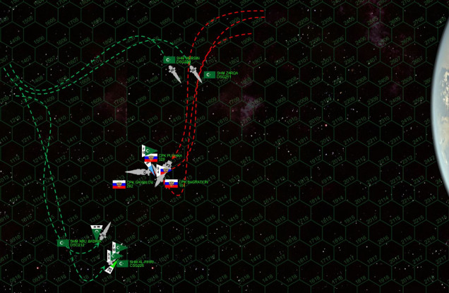 Perhaps shaken by the blow to his flagship, the Russian commander (Captain K. K. Malinovsky) hesitates (i.e., I generally lose initiative here).  The Bagration dives toward her foes, while the more nimble League ships break to either side to swarm around the Russian behemoth.  The Gavrilov and Pushka bravely stay with their flagship for gunfire support and mass driver defense, the two battlegroups exchanging fire now at just 500 kilometers (3 and 4 hexes).  At this range, the power of Russian rail guns, EPCs, and plasma projectors begins to tell, and the Mersin and Abu Bashir take hideous damage.  In particular, the Abu Bashir’s fo’c’sle is completely burned off, her forward magazines going up, her bridge hit, all forward hangars wiped out, all torpedoes gone, all forward mass driver turrets ripped away.  The core of the ship is torn open, and crew casualties are extreme.  Even the newly landed bombers that just docked in the AFT landing bay are not completely unscathed.  The Abu Bashir HAS to break off, her skipper (Commander Esmat Jazayeri) hoping to stay in the battle area just long enough to rearm the fleet’s surviving bombers for a decisive second strike.