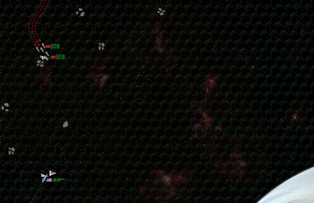 The Oriskany drops out of a short, 4th-mag wave (x8 c) and soon detects the Black Dragon corvettes some 4.5 AU from her position.  She lines up a second 1st-mag wave (the speed of light, very slow, very accurate, very hard to detect) and makes a second hop to engagement range.  By how the Black Dragons have detected USS Oriskany’s approach as well, and pivot to engage.  The battlespace is near a tiny dwarf planet and protoplanetary debris field, which the Black Dragons use to screen their initial approach.  The Oriskany wins initiative, and vectors her approach to use the Black Dragons’ cover against them.  Note the trailing three corvettes cannot see her, and so cannot launch torpedoes.   The Oriskany launches Mark 48 gravitic torpedoes at the lead corvettes, as well as her two E/S-101 Hawkeye class scouts.