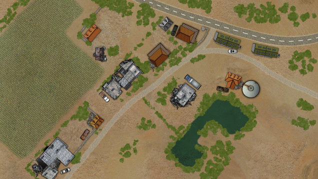 Here is the Cartel Stronghold being assaulted by our RPG group today. How would you approach this target?  That laptop is somewhere in one of these buildings!  Keep an eye on those vehicles, too, in case the cartel bosses make a run for it!