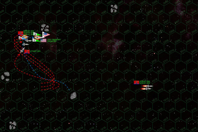 With her maneuverability reduced, Oriskany slows to 15 kilometers per second and jackknifes to starboard, coming to 090 and using another asteroid field to screen her badly-damaged port bow.  The Black Dragons swarm in behind her, pelting her stern with (KT-201 was able to launch her twelve P-500s just moments before these mounts were destroyed by the Oriskany’s broadside).  Six are shot down, the reduced performance clearly due to the Oriskany’s damaged sensor suite.  However, the “Lady O” has always been a lucky ship, and not one Black Dragon torpedo gets through the enhanced shielding and electronic warfare.  Only one plasma gun hits, and even this is a glancing burn off the port quarter.  This was seriously good luck for the Lady O, she very well could have been crippled here.  However, only her aft weapons can now hit, and all guns fire on K-204.  Hits are scored on the magazine, forward weapons, bridge ... just hat fast the corvette is crippled.     