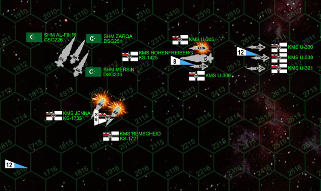 The fleets close and things get brutal on Turn 02 very fast.  The Arab ships have proven a little faster than their Prussian foes, and largely won the initiative.  As the Hipper-class light cruiser Hohenfreiberg turns to starboard, the Arab hybrid cruiser and two escorting destroyers “cross their T.”  The Prussian frigates streak much closer to the Arabs, hoping to put a rail gun broadside into their starboard quarter.  But the heavy lasers and EPCs of the Arab ships are much more powerful at this range, and BOTH frigates are quickly crippled by blistering broadsides.  The U-305 is also knocked out, drilled by the forward laser arrays of the El Fihri.  Prussian torpedoes cannot all reach the Arabs on this turn, so their “Sternjäger” strike is somewhat divided, just enough for Arab point-defense systems to shoot down many of the warheads, and the shields absorb most of what’s left. 