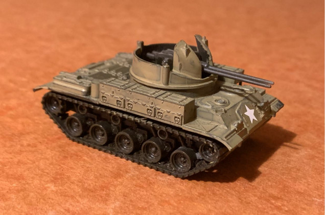 M42 Duster AA Tank, approximately 15mm / 1:100 (a little smaller - but close enough) - bought for ONE DOLLAR at Wally's Basement at Historicon.  