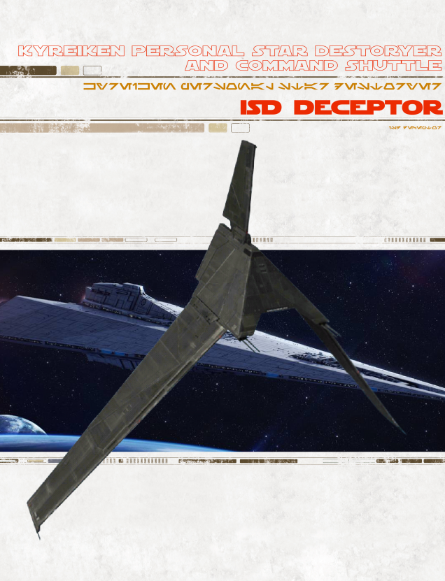 Modified Secutor-class Star Destroyer and a Delta-class T-3c shuttle which are Moff Kyreiken's personal transports