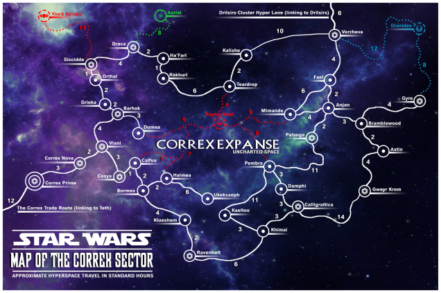 Correx Sector Map (GM Verison) includes the rebel base and the Hyper Lanes to and from the base that they use to raid the empire from within the sector. (Map created in Photoshop CC2020)