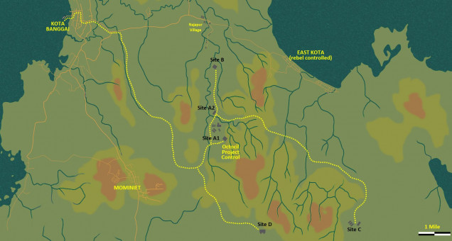 These are the OED sites and the pipeline routes (already under construction).  However, OED is unprepared against the threat of possible insurgents / bandits / local warlords, especially based out of East Kota.  Unfortunately, the US loans to the Indonesian government are in escrow, i.e., phased for installments pending certain benchmarks in the construction project / inspections by government and UN and other humanitarian overwatch groups.  In other words, if this project doesn't go smoothly, not only will Phalanx Multinational not get paid (and thus our characters), but neither with the Indonesian government, which means Interior Ministry Police Battalions scheduled for deployment into Kota Benggai will not happen.