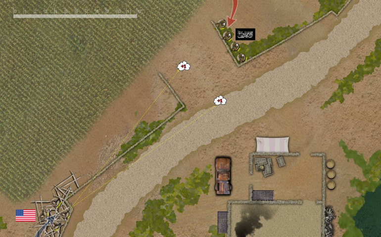 Fireteam Alpha moves up along the left flank, using low mud walls and construction debris as cover.  To screen further advance they put down two smoke grenades from the M203.  These smoke screens will actually expand on the next turn.