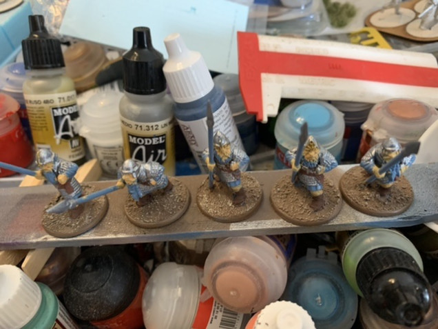 Just a general update. I dry brushed the base Army Painter Skeleton Bone, painted the boots Vallejo Flat Brown, the pants Army Painter Desert Yellow, the leather belts Vallejo Mahogany Brown, the dagger grips Vallejo Brass and the chainmail Army Painter Plate Mail Metal and the face and hands Vallejo Dark Flesh