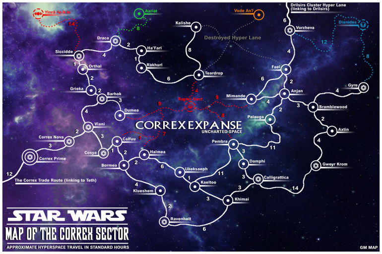 Correx Sector Map (GM Verison) includes the rebel base and the Hyper Lanes to and from the base that they use to raid the empire from within the sector. I have add an additonal planet to the sector which wasn't on the original GM Map (Map created in Photoshop CC2020)