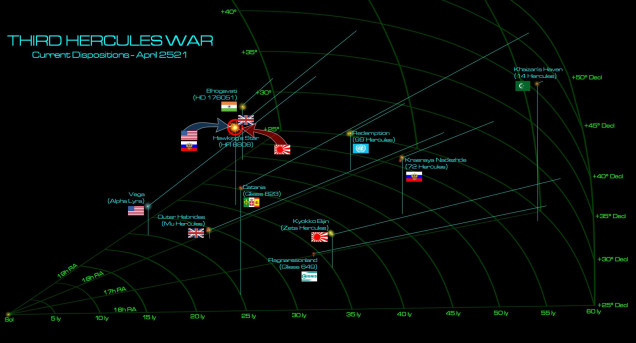 Here we see the current state of the Third Hercules War.  Despite intermittent victories and draws, a series of Royal Navy defeats, first in the Krasnaya Nadhezda (72 Hercules) system, and later in their own Hawking’s Star colonies, have seriously compromised British interests in this region.  Simply put, the CANNOT lose here, or their government will sue for peace on American, Russian, and Indian Republic terms. 