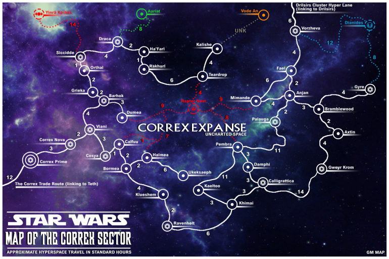 Correx Sector Map (GM Verison) includes the rebel base and the Hyper Lanes to and from the base that they use to raid the empire from within the sector. I have add an additonal planet to the sector which wasn't on the original GM Map (Map created in Photoshop CC2020)