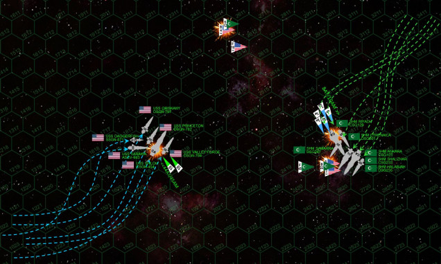 As both sides rapidly close the range, and velocities drop beneath 20 kps, the heavy cruisers feint, shift, sidestep, and finally make hard last minute turns, each trying to get the better angle for broadsides on the other.  The Americans largely win this contest, with virtually their whole fleet poised to broadside the starboard quarter of the heavy cruiser SHM Riyadh.  The League deploys in a wedge, presenting broadsides in both possible directions with each element covering the fantail of the other.  The aerospace strikes go in.  Scouts engage bombers, the Americans lose two, the League loses three.  Four Mark 48 gravitic torpedoes from the Princeton slam home into the Riyadh’s stern, together with one aerospace missile and four aerospace torpedoes from the Marines of VMF/A-319 “Tigershark” Squadron.  The Riyadh is still in, but her aft shields just collapsed.  The Americans do much better with their mass driver defences against the huge League aerospace strike, four aerospace missiles and six 