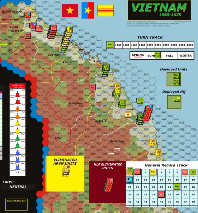 With the action over and the dust settled, the NLF player scored a narrow win with a final score of 87 (1 point past a draw!!). Early gains in the north could not be retaken by the US forces without putting critical towns at risk in the central area of the Corps. Limited US forces had to be everywhere in the face of dispersed NLF attacks with only tepid support from the ARVN forces.