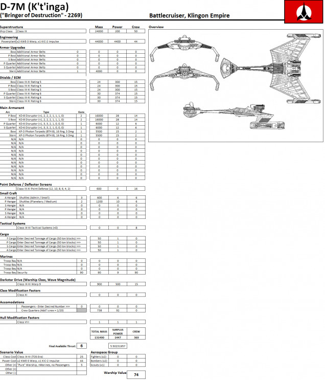 The design tables for the Klingon K't'inga class.  Systems like Shielding, impulse propulsion, and warp drive are far more efficient in the Star Trek 'verse (thus lower power draws reflected here).  This allows a typical Star Trek ship to carry much better shielding and move much faster than a comparable-sized Darkstar analog.  However, the Darkstar ship usually has much more powerful weapons, and thicker hull plating.  The point of this project is to allow Star Trek ships to fight Darkstar ships ... or Star Trek ships to fight each other in the Darkstar system.