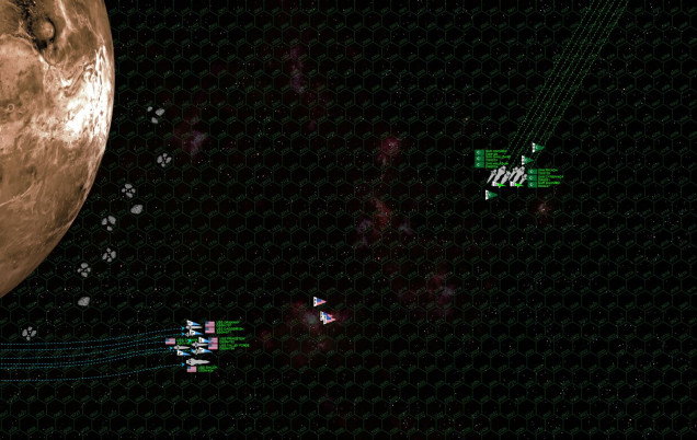 Both sides enter at over 35 kps, decelerating to attack speed as sharply as these immense heavy cruisers will allow.  The Arab League is able to launch all their fighters and bombers (carried aboard larger-than-average “hybrid” cruisers) while the USMC strike carrier USS Tarawa gets all her bombers launched, fighters standing by right behind.  In all, there are almost 80 League fighters, bombers, scouts.  Both sides open fire at just under 4000 km range.  The USS Oriskany takes “ranging fire” hits from heavy cruiser Ankara and the destroyers Cyrenaica and Samarra.  American fire all misses.  Torpedoes away!