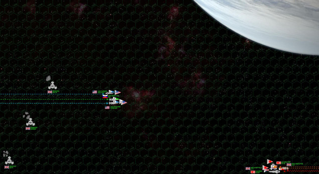 The actual map setup and initial approaches.  The planet of Eastman’s Manor (roughly Mars-sized) looms at upper right.  The Americans and Russians enter at a VERY high speed of 45 kilometers per second (hex = 180 kilometers, a turn is 1 minute), decelerating at full reverse thrusters, while the British and Japanese set a much more wary course at lower right, speeds at 18 and 15 KPS.   Any ship that ends its movement within 10 hexes of the planet is subject to gravity.  