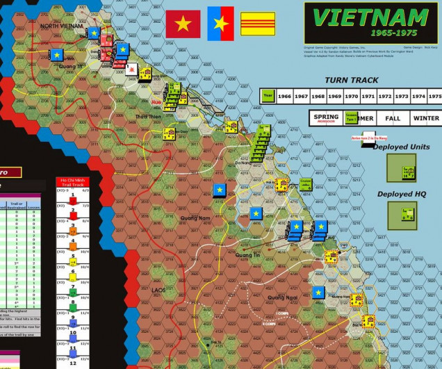 (US Player view) VC and NVN attacks in the north of the Corps pushed the ARVN forces out of Dong Ha and Quang Tri. 1st Marine elements moved from Da Nang to Hue. VC units in the south make some quick pushes in Quang Tri province to occupy towns and cultivated hexes. The NLF player controls the tempo of the game by usually having the option of deciding who gets to take the next action. In the campaign and other scenarios, they can benefit from being more passive and reacting to US movements. This scenario rewards attacks and quick gains and my opponent was being quite aggressive(!).