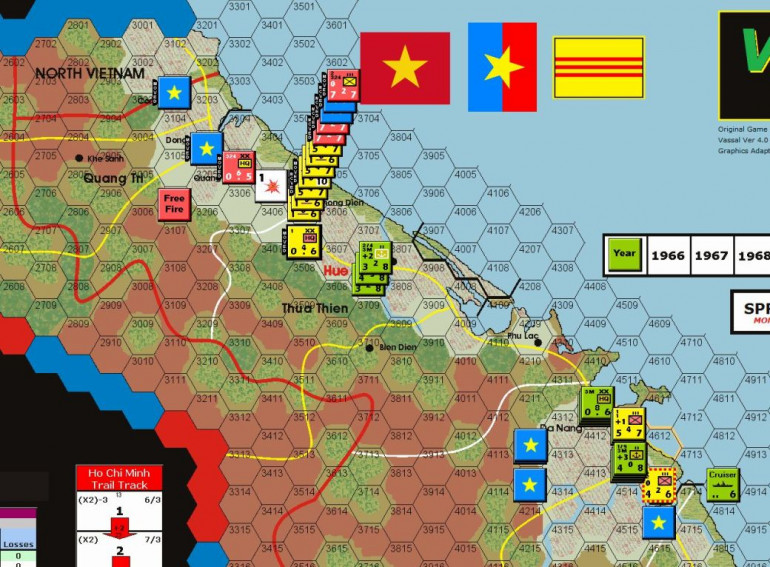 Turn 2 action started in the north with a VC/NVN thrust towards Hue. ARVN forces moved to reinforce, supported by US airpower. A Free Fire zone was declared by the US in this northern province to maximize their support at the expense of Victory points (arty and air points are halved in a non-free fire province, NVN gains 2 VP for each free fire zone). Interdiction was placed on the road to the north of the battle, but it was fruitless as the NLF forces overwhelmed the town of Phong Dien and pushed the ARVN troops back towards Hue.