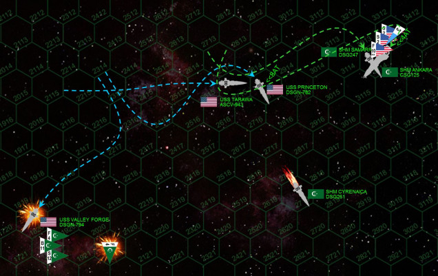 The Valley Forge breaks to starboard, hoping to open the range and remain on the table as an operational warship.  But she is swarmed by surviving League fighters and bombers, and her port bow is totally unshielded.  Thus, USS Valley Forge is finally crippled.   The Marines hit the Ankara a THIRD third time, still taking no losses, covered by the very last American Mk 48s and the last two Marine bombers that have been re-launched from the USS Tarawa. But STILL the Tigersharks just can’t quite do enough!  In game terms, the Ankara now has a 5+ to cripple, but the Americans roll a FOUR!  Meanwhile, with the Valley Forge down, the Princeton takes her turn as the punching bag of the Ankara's forward batteries and the broadside of the SHM Samarra (the longest-serving ship in this League battlegroup).  Instantly the Princeton starts taking damage, including a torpedo wave from the four bombers the Ankara managed to launch last turn.  Only because of the Tarawa's mass drivers does the Princeton somehow survive.