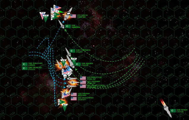 That American edge doesn’t last long.  Although not quite crippled, the USS Shiloh has lost two shields and is basically unmaneuverable.  She can only roll over on her back to protect her starboard side.  Commodore Virginia Saunders orders Spencer to detach Task Force Oriskany, already ordering her crew into lifeboats and escape pods.  The destroyer Samarra rushes up to broadside Shiloh's stern.  The Shiloh's mass drivers (two turrets down) manage to take down most of the Ankara's torpedoes, but the last one hits the unshielded starboard bow, JUST missing the bridge.  The Samarra takes a hammering on her attack run, but maintains power (losing sensors, maneuvering  thrusters, shields ...) and puts a masterful broadside right into the stern of the massive Shiloh.  At the same time, unloaded League “Demkikham” (Vengeance) bombers and scouts mount a desperate strafing run against the Shiloh’s unshielded starboard bow, praying to knock out the bridge.  The Ankara’s torpedoes drew all the Shiloh’s mass driver fire, and the Samarra’s mass drivers shoot down most of the US scouts that try to stop the League’s bombers.  Six American scouts are lost, compared to only two League bombers.  It’s this bomber strafing run that finally cripples the big American cruiser, putting just enough autocannon fire into the bridge superstructure to force an evacuation and explosive decompression, knocking USS Shiloh at last out of the battle.  Meanwhile, the Oriskany, Princeton, and Valley Forge jackknife behind the Shalizhar and Halabjah, supported by F/S-44 “Star Corsair” fighters of the Tigershark Marines.  Both the light hybrid cruiser Shalizhar and the destroyer Halabjah are crippled by the point-blank broadsides and Marine strafing attacks, but aft batteries of the Ankara, the Shalizhar, Halabjah, and Cyrenaica blow both port and starboard reactors clean out of the Oriskany’s hull, smacking the “Lady O” clean out of the battle.  The light carrier Tarawa and torpedo corvette Daggerish line up a third frontal torpedo spread, only to find 45 more Arab League fighters rushing behind them on a murderous massed strafing run!  NINETEEN League fighters are shot down, but the 26 that survive use autocannons to explode the Daggerfish's starboard engines and reactors, leaving the torpedo corvette spinning helpless and crippled through space.   Has the tide turned?  The Americans have lost three ships here, including their only heavy cruiser and the Oriskany herself ... 