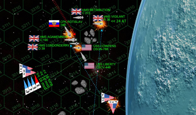 A zoom-in of what’s happening, and a LOT is happening here.  First up, the Rotislav absolutely MAULS the port bow of the Retribution.  But too many of her huge 30-kg plasma projectors and 10-gw rail guns hit too far forward, and while the bow of the Retribution is all but blown clean off (including an entire triple-gun laser turret), the bridge remains intact and the ship incredibly remains operational.  The Rotislav survives the aerospace attack of the Royal Griffins and the Mad Hatters, mostly due to American point-defense fire.  However, four Model 41 gravitic torpedoes fired from HMS Vigilant and HMS Londonderry hit the stern, one cavitating to explode INSIDE the Rotislav’s starboard engine compartments.  But it’s the guns of the Londonderry and the Agamemnon which really cripple not only the huge Russian cruiser, but the destroyer USS Cowpens as well, even landing a few hits on the bow of USS Liberty.  It’s not all going the Crown’s way, however ... Isolated by herself, the carrier HMS Vigilant is hit by a swarm of ASM-56 Harpoons fired from the FS/A-81 “Avenger” torpedo bombers of VSA-193 “Eight Ball Express” strike squadron.  No less than 11 warheads are turned aside by the gravitic shielding, but 12 more hit the hull.  The last three are in fact self-detonated by the Americans, the Vigilant is already more than crippled and whole ship comes within a hair’s breadth of exploding as it is.  Other aerospace strikes by  VSF-221 “Dead Rabbits” Squadron doesn’t do as well against the Londonderry (too many warheads are shot down by the Agamemnon)and even with the damage she suffered previously PLUS the last broadside from the crippled Cowpens, the Londonderry somehow survives ... although her skipper is forced to break off the action.  