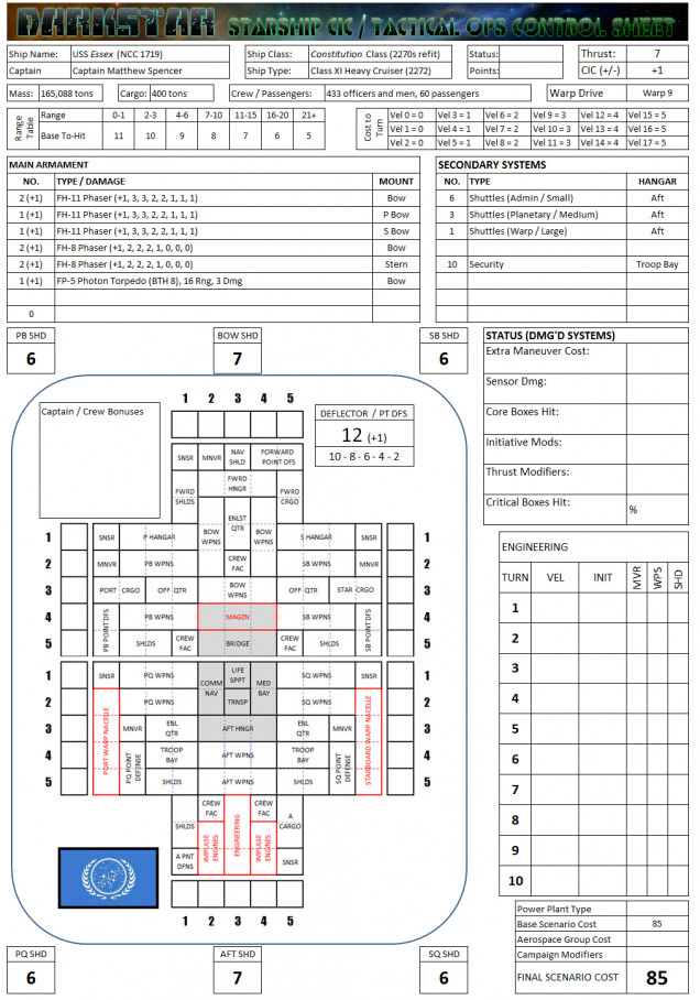 Warship Record Sheet for the USS Essex (NCC-1719).  This is sistership of the USS Enterprise after her refit we see in Star Trek the Motion Picture - Star Trek III: The Search for Spock (also, NCC-1701A from Star Trek IV-VI).  It is one of the older Class XI Constitution class (Mark IV series) cruisers confirmed in FASA sources to undergo the 