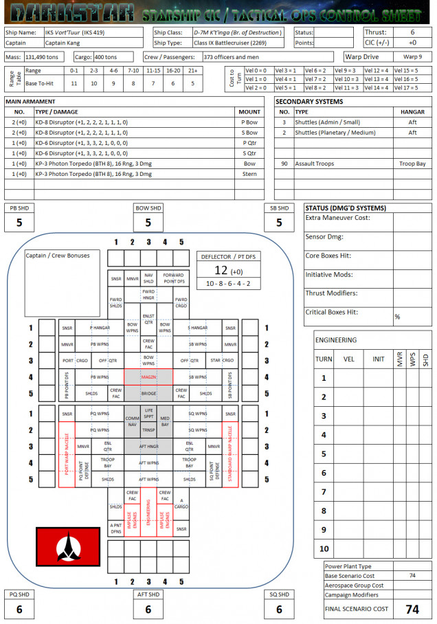 Warship Record Sheet for a D-7 class battlecruiser, specifically the 