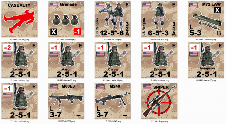 So here are my US Army Rangers so far.  Note there are no M249 SAWs or M203 grenade launchers among the support weapons.  This is because they are backed into the squads and half squads (fire teams) - as each fire team had these weapons integral to their 