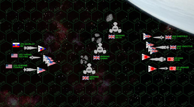 Here is the matchup for today’s game.  The Hawking Beta, Gamma, and Delta stations are more or less there for “table dressing,” they have no effect outside of stacking limits in their hexes.  However, the asteroids beside them (remains of a small moon that has been gradually broken up for mining) pose a significant navigational hazard.  Either way, these stations are unarmed, cannot be attacked, and are not objectives.  They’re just the kind of thing one sees in the HEART of a heavily colonized and industrialized system.  In other words, no more skirmishing out in the Kuiper Belts, Oort Clouds, or outer gas giant moon systems.  This in the heart of Hawking’s Star.  This game is an assault, we’re playing for keeps.  The Americans seen to be outmatched, outnumbered 4-3 in warships, 2-1 in aerospace, and with no heavy cruiser.  However, the USS Salt Lake is the largest ship from Task Force Liberty, while the USMC aerospace strike carrier USS Tarawa is detached from none other than Task Force Oriskany itself.  These ships are BEYOND upgraded.  