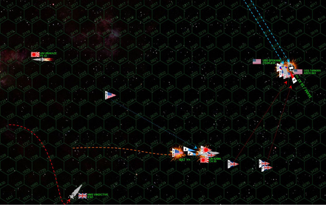 The Second Battle of Hawking’s Star takes a final horrific turn on Turn 7, where American torpedoes, bombers, and fighters on a gunnery strafing run rush the stern of the gigantic Japanese heavy cruiser IJN Kama.  The Kama decides to mass her point-defense against the Marine fighters rather than the incoming torpedoes, hoping her shields will project her.  It’s a fateful decision, especially for the Corsair pilots of VMF/A-319, which lose 60% of their strength in a hurricane of Japanese anti-aerospace fire.  That means the torpedoes and missiles have a clear path, however, and the accuracy of these weapons (guided by elite Marine pilots, upgraded CiC of the USS Spokane, and enhanced electronic warfare aboard USS Tarawa) mean that the stern of the Kama is positively torn apart in the fusillade.  Recall that Kama’s stern armor was largely shorn away in the previous aerospace strike, and the mighty heavy cruiser doesn’t survive a second encounter.  Successive Mk 48s and Marine torpedoes explode INSIDE Kama’s engineering section, and the captain has to eject reactors to keep the ship from exploding altogether.  Just that fast, the Americans have gone from losing this battle to being the clear victors.  But the Japanese are not alone in their agony.  Without shields over her bow, the USS Tarawa is targeted by the expert torpedo and missile strike of the Supermarine Starfire fighters and Nebula Star Typhoon bombers of HMS Vindictive, having relaunched her aerospace group and carefully protected them until they could get within range for a united second strike.  The Tarawa soon takes missiles through the bridge, crippling the Marine carrier and sending it spiraling out of control from the battle zone.  The rest of the strike goes for the Spokane, and together with the last volley from Kama’s forward guns, hits the forward magazine of the Spokane.  The ship isn’t crippled, but that internal explosion causes enough decompression where Captain Cheatham is forced to break off the engagement.