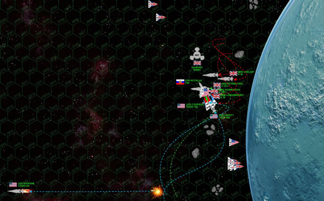 As the stricken USS Spokane careens out of the battle, the Rotislav continues to charge toward the British.  Using the lunar debris to her benefit, she lines up a broadside on HMS Retribution while screening her starboard quarter (engines and reactors) from any immediate counterfire.  At least that’s the idea ... until HMS Agamemnon cuts to the hair-raising close distance of less than 50 kilometers with a broadside directly across Rotislav’s stern, followed by the limping, burning destroyer HMS Londonderry.  Please remember that all these ships are WELL within the gravity well of the planet, and players have to make their moves based on the previous speed, momentum, and gravity effects of their movement.  If a warship ever drifts into a hex containing lunar debris, a collision automatically results and the ship in totally destroyed ... and again ... Sir Isaac Newton is steering these ships as much as the helmsman. USS Cowpens, despite protests to the Rotislav’s captain, must move in to provide gunfire and point defense support, while the carrier USS Liberty brings up the rear, trying to use the lunar debris for some protection.  So does the carrier HMS Vigilant, but that same lunar debris that protects her from the guns of the Rotislav also cut her off from point-defense coverage from Agamemnon ...   