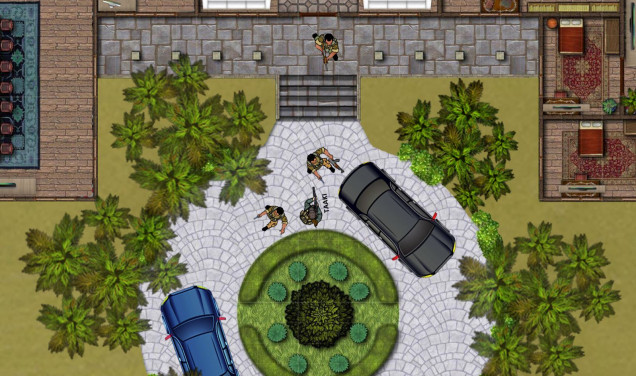 Taaki manages to fast-talk her way past the two militiamen in the driveway, but the third man on the porch by the villa's front door actually cares about his job.  Looks like she needs to find another way in.