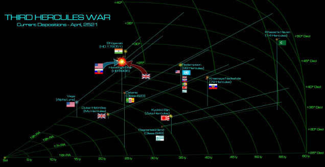 Current disposition on the Third Hercules War.  The US and UK (supported by the Russians and Japanese, respectively), have been trading heavy blows in the Hawking’s Star colonies for months now.  With a battle this big, with “ASSAULT” victory conditions declared IN ADVANCE, this time there is no doubting the implications.  Whoever wins this battle, gets this system.  Having suffered a string a defeats already, a loss here definitively causes a change in the UK government and an ignominious exit from the Third Hercules War.  If the victory is heavy enough, the Americans may be able to “cash out” of this war as victors, with a shipping path now open between Alpha Lyra and 99 Hercules via their new colonies in HR6806.  If the Americans lose, it’ll be a setback, but they’ll still be in it.  If the British lose ... it’s 