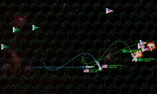 Turn 7:  With no torpedoes or missiles coming in against the Ankara, the heavy cruiser's mass drivers are FINALLY free to engage the Marine fighters as they mount a FOURTH heroic strafing attack.  Fortunately, double-elite Marines are hard to hit, especially for the destroyer Samarra which has lost some of her sensors and mass drivers.  Still, the Marines can only dodge so much, and five Corsairs are destroyed going in.  The five survivors press the attack, three of which hit, two of which hit critical components.  The Ankara FINALLY loses power in her port engines and reactors, the ship going dark (after no less than four aerospace strafing and torpedo attacks).  The Princeton has kept her supporting fire position, executing a roll to present her starboard bow instead of port bow (which has been badly damaged).  Again the Princeton is hammered, but she and the Tarawa don't flinch (and admittedly neither does the Samarra) as this battle finally draws toward a close.